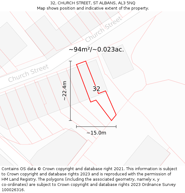 32, CHURCH STREET, ST ALBANS, AL3 5NQ: Plot and title map