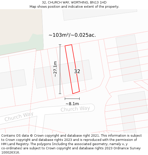 32, CHURCH WAY, WORTHING, BN13 1HD: Plot and title map