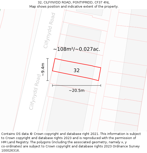 32, CILFYNYDD ROAD, PONTYPRIDD, CF37 4NL: Plot and title map