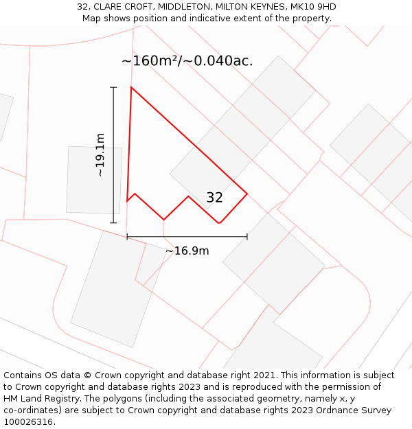 32, CLARE CROFT, MIDDLETON, MILTON KEYNES, MK10 9HD: Plot and title map