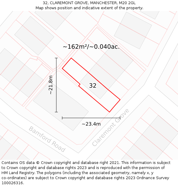 32, CLAREMONT GROVE, MANCHESTER, M20 2GL: Plot and title map