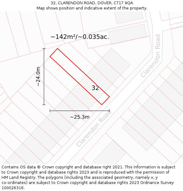 32, CLARENDON ROAD, DOVER, CT17 9QA: Plot and title map