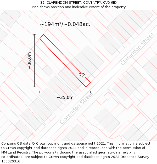 32, CLARENDON STREET, COVENTRY, CV5 6EX: Plot and title map