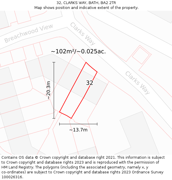 32, CLARKS WAY, BATH, BA2 2TR: Plot and title map