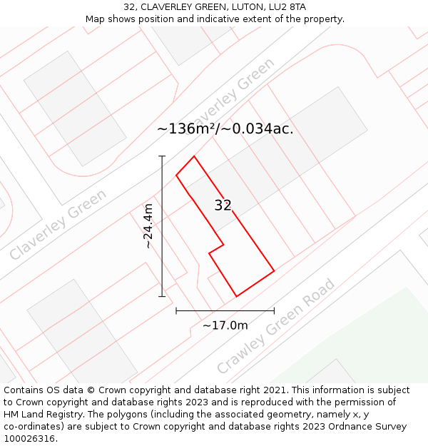 32, CLAVERLEY GREEN, LUTON, LU2 8TA: Plot and title map