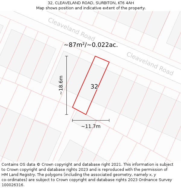 32, CLEAVELAND ROAD, SURBITON, KT6 4AH: Plot and title map