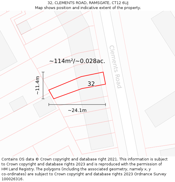 32, CLEMENTS ROAD, RAMSGATE, CT12 6UJ: Plot and title map