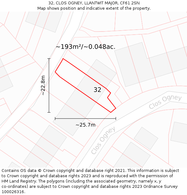 32, CLOS OGNEY, LLANTWIT MAJOR, CF61 2SN: Plot and title map