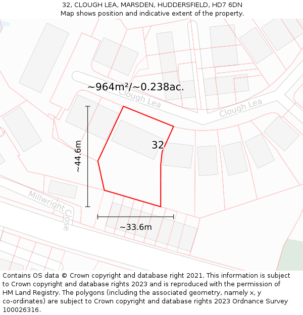 32, CLOUGH LEA, MARSDEN, HUDDERSFIELD, HD7 6DN: Plot and title map