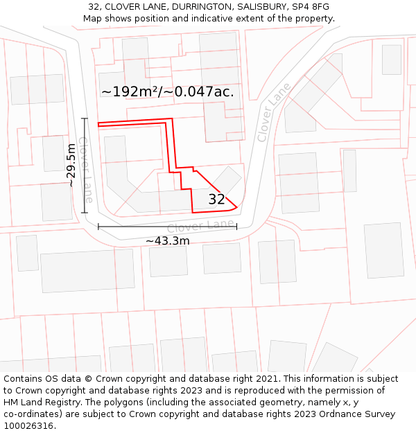 32, CLOVER LANE, DURRINGTON, SALISBURY, SP4 8FG: Plot and title map