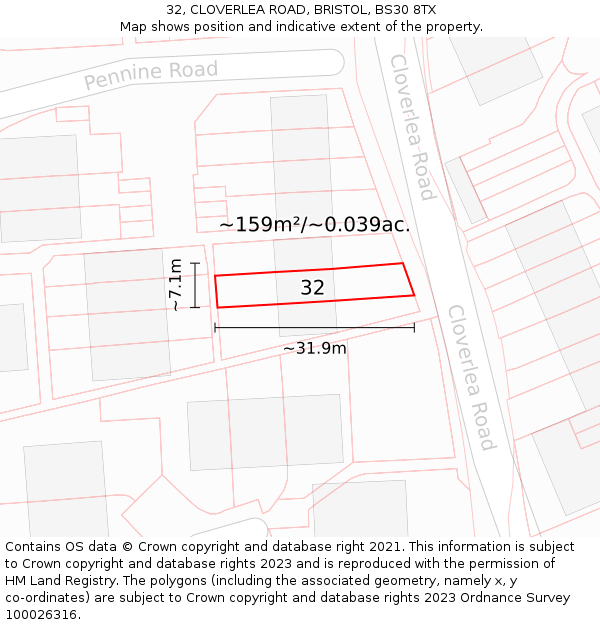 32, CLOVERLEA ROAD, BRISTOL, BS30 8TX: Plot and title map