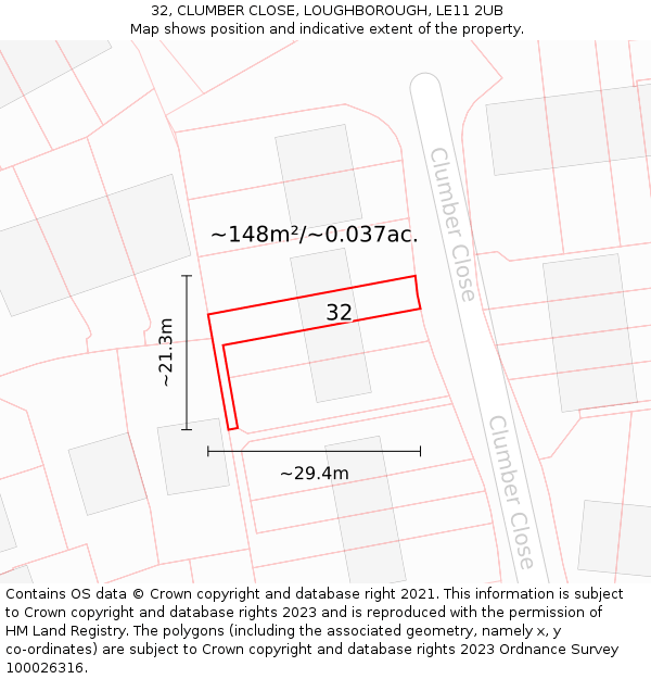 32, CLUMBER CLOSE, LOUGHBOROUGH, LE11 2UB: Plot and title map