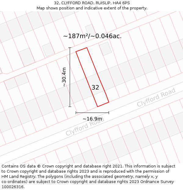 32, CLYFFORD ROAD, RUISLIP, HA4 6PS: Plot and title map