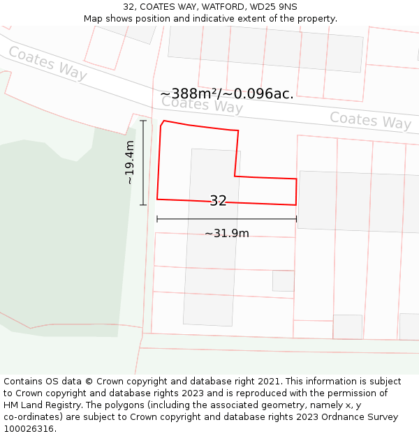 32, COATES WAY, WATFORD, WD25 9NS: Plot and title map
