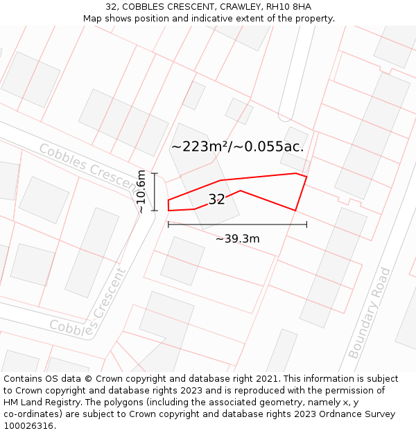 32, COBBLES CRESCENT, CRAWLEY, RH10 8HA: Plot and title map