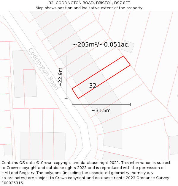 32, CODRINGTON ROAD, BRISTOL, BS7 8ET: Plot and title map