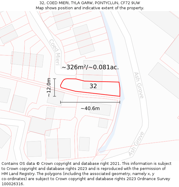 32, COED MIERI, TYLA GARW, PONTYCLUN, CF72 9UW: Plot and title map