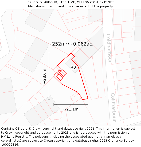 32, COLDHARBOUR, UFFCULME, CULLOMPTON, EX15 3EE: Plot and title map