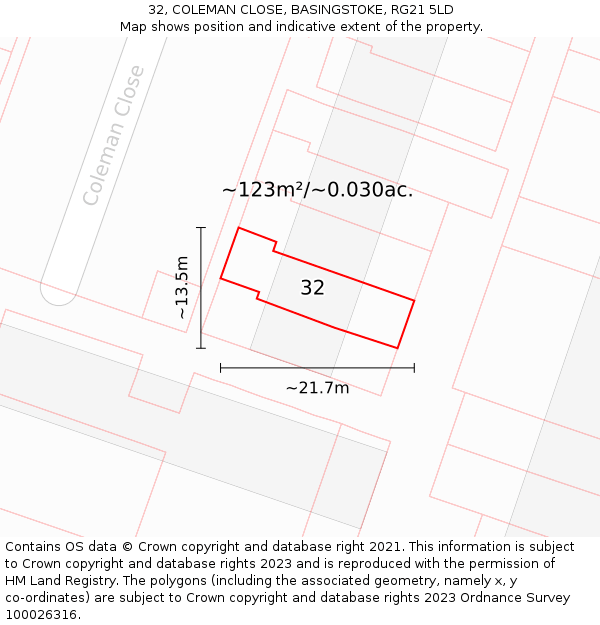 32, COLEMAN CLOSE, BASINGSTOKE, RG21 5LD: Plot and title map