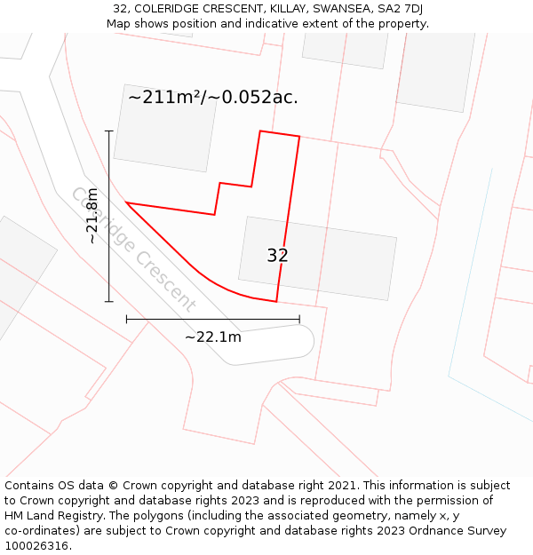 32, COLERIDGE CRESCENT, KILLAY, SWANSEA, SA2 7DJ: Plot and title map