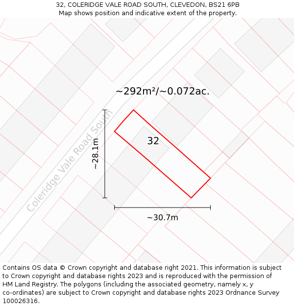 32, COLERIDGE VALE ROAD SOUTH, CLEVEDON, BS21 6PB: Plot and title map