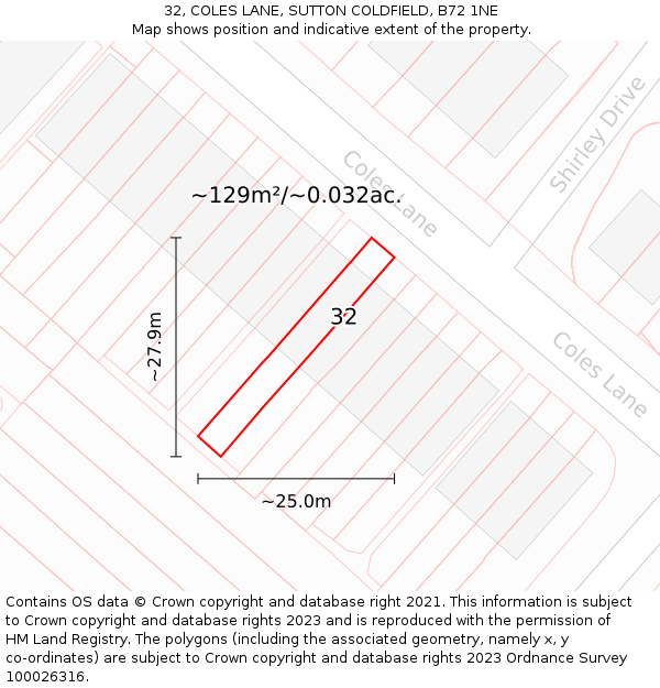 32, COLES LANE, SUTTON COLDFIELD, B72 1NE: Plot and title map