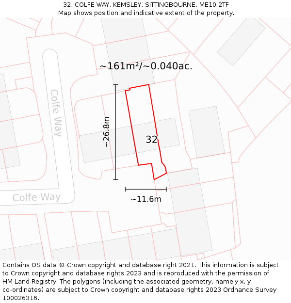 32, COLFE WAY, KEMSLEY, SITTINGBOURNE, ME10 2TF: Plot and title map