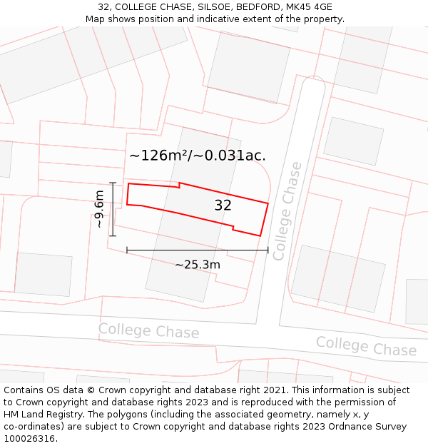 32, COLLEGE CHASE, SILSOE, BEDFORD, MK45 4GE: Plot and title map