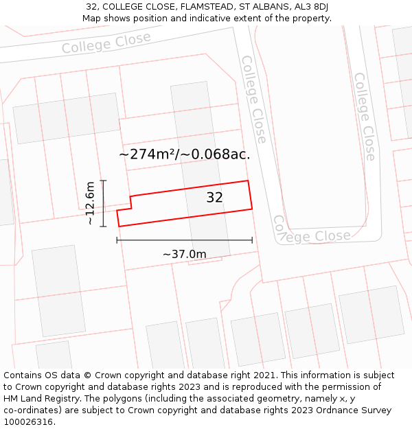 32, COLLEGE CLOSE, FLAMSTEAD, ST ALBANS, AL3 8DJ: Plot and title map