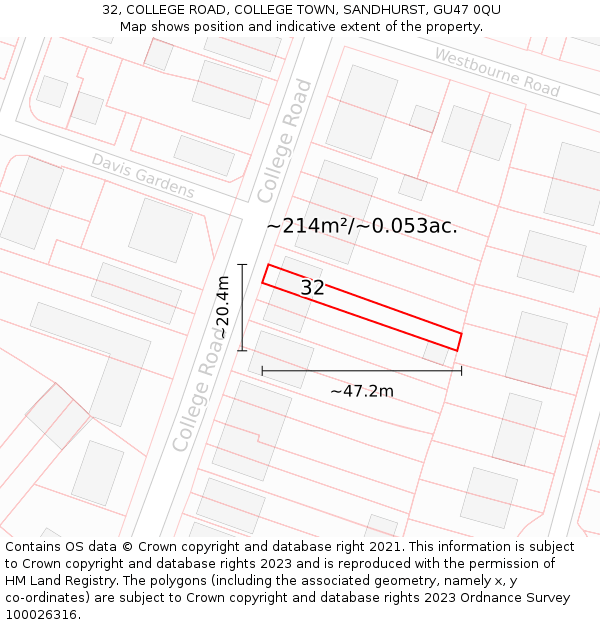 32, COLLEGE ROAD, COLLEGE TOWN, SANDHURST, GU47 0QU: Plot and title map