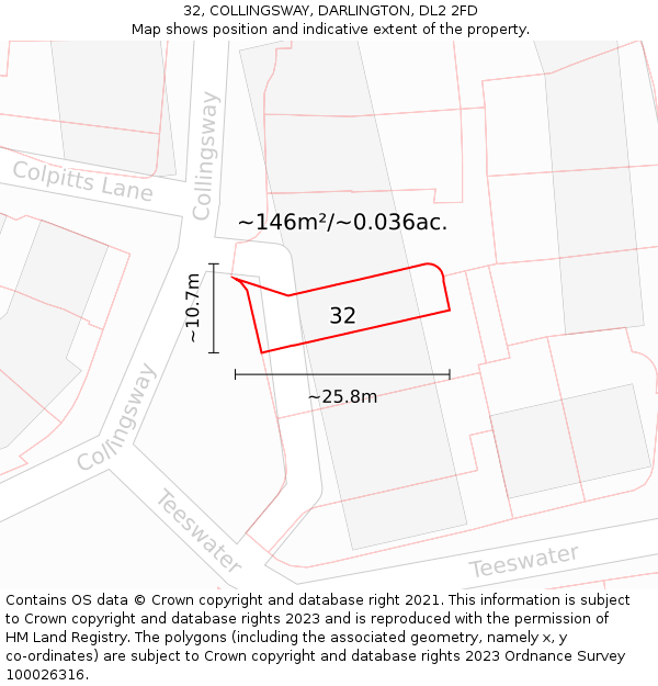 32, COLLINGSWAY, DARLINGTON, DL2 2FD: Plot and title map