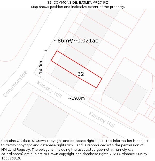 32, COMMONSIDE, BATLEY, WF17 6JZ: Plot and title map