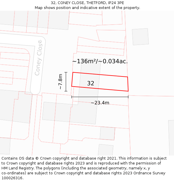 32, CONEY CLOSE, THETFORD, IP24 3PE: Plot and title map