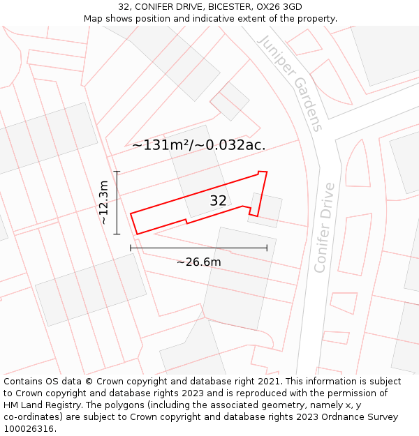 32, CONIFER DRIVE, BICESTER, OX26 3GD: Plot and title map