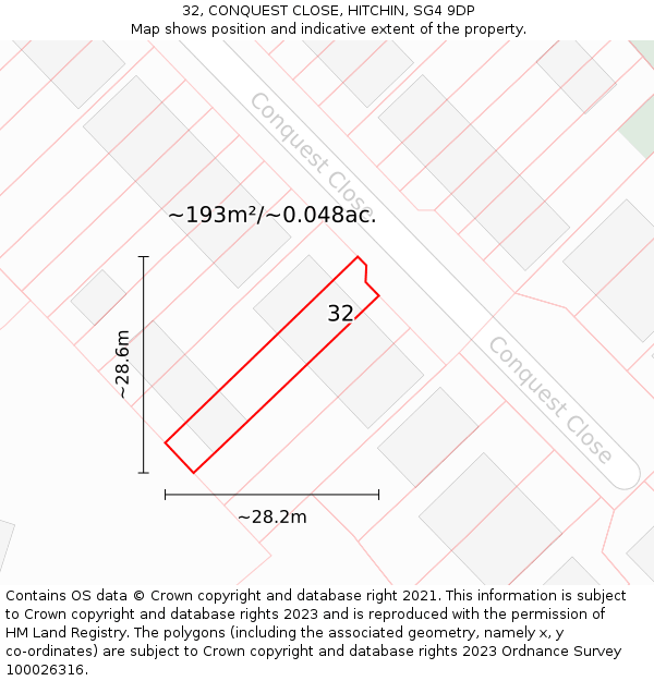 32, CONQUEST CLOSE, HITCHIN, SG4 9DP: Plot and title map