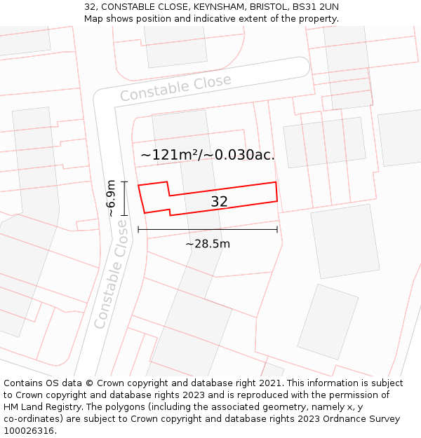 32, CONSTABLE CLOSE, KEYNSHAM, BRISTOL, BS31 2UN: Plot and title map