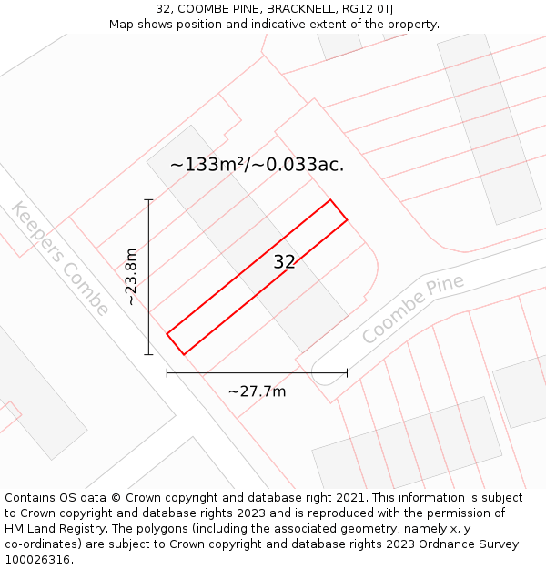 32, COOMBE PINE, BRACKNELL, RG12 0TJ: Plot and title map