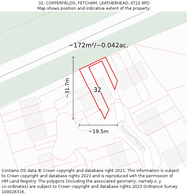32, COPPERFIELDS, FETCHAM, LEATHERHEAD, KT22 9PD: Plot and title map