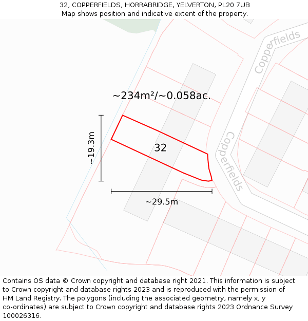 32, COPPERFIELDS, HORRABRIDGE, YELVERTON, PL20 7UB: Plot and title map