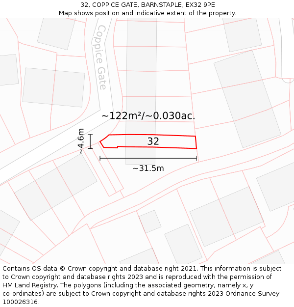 32, COPPICE GATE, BARNSTAPLE, EX32 9PE: Plot and title map