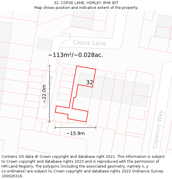32, COPSE LANE, HORLEY, RH6 9XT: Plot and title map
