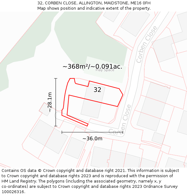 32, CORBEN CLOSE, ALLINGTON, MAIDSTONE, ME16 0FH: Plot and title map