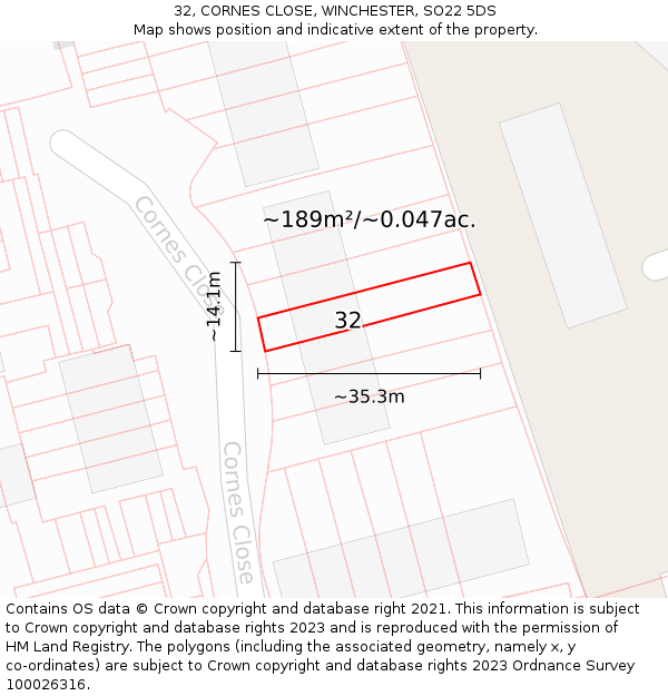 32, CORNES CLOSE, WINCHESTER, SO22 5DS: Plot and title map