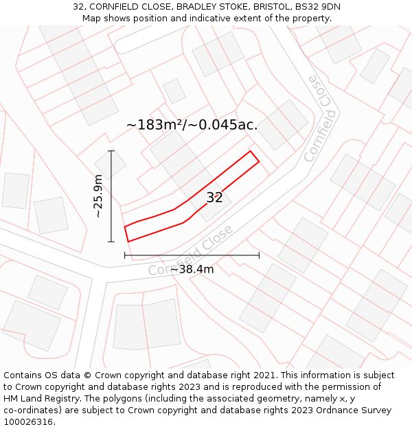 32, CORNFIELD CLOSE, BRADLEY STOKE, BRISTOL, BS32 9DN: Plot and title map
