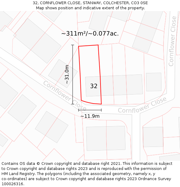 32, CORNFLOWER CLOSE, STANWAY, COLCHESTER, CO3 0SE: Plot and title map