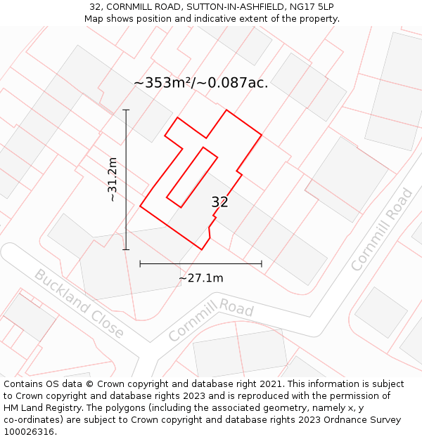 32, CORNMILL ROAD, SUTTON-IN-ASHFIELD, NG17 5LP: Plot and title map