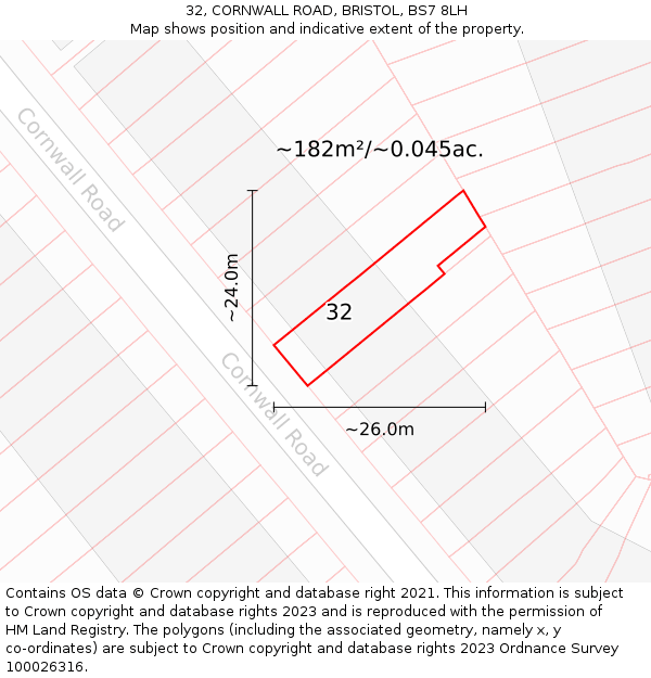 32, CORNWALL ROAD, BRISTOL, BS7 8LH: Plot and title map