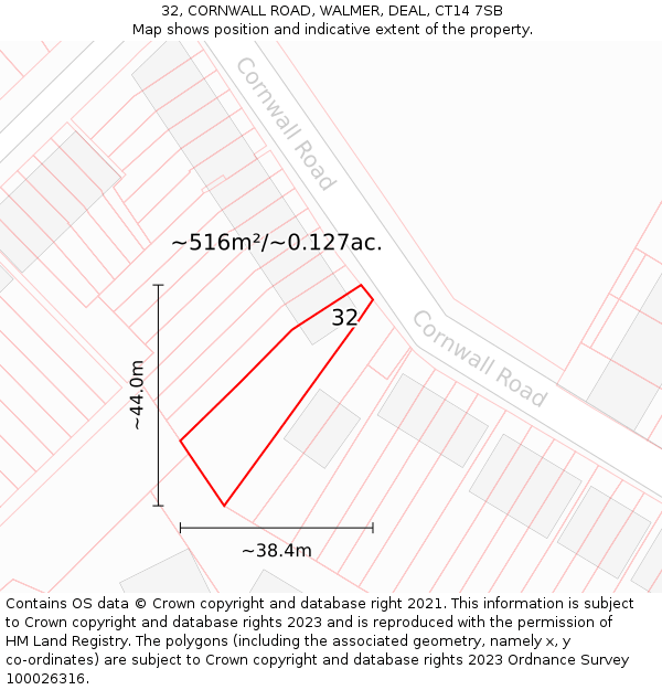32, CORNWALL ROAD, WALMER, DEAL, CT14 7SB: Plot and title map