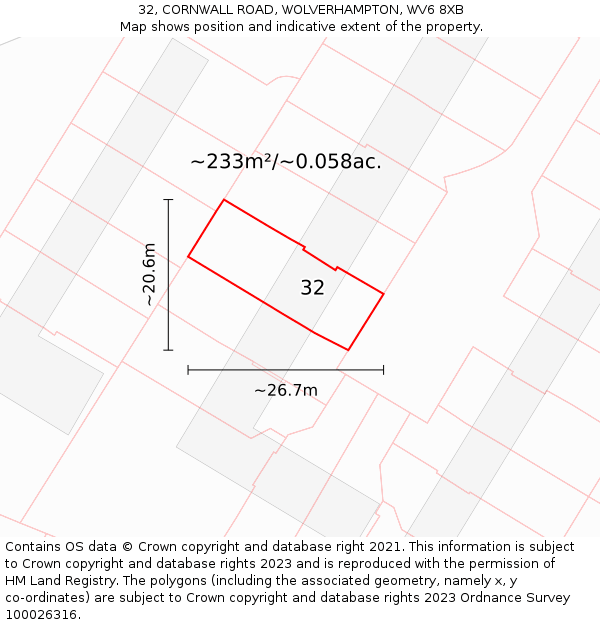 32, CORNWALL ROAD, WOLVERHAMPTON, WV6 8XB: Plot and title map