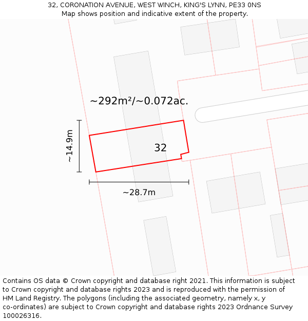 32, CORONATION AVENUE, WEST WINCH, KING'S LYNN, PE33 0NS: Plot and title map